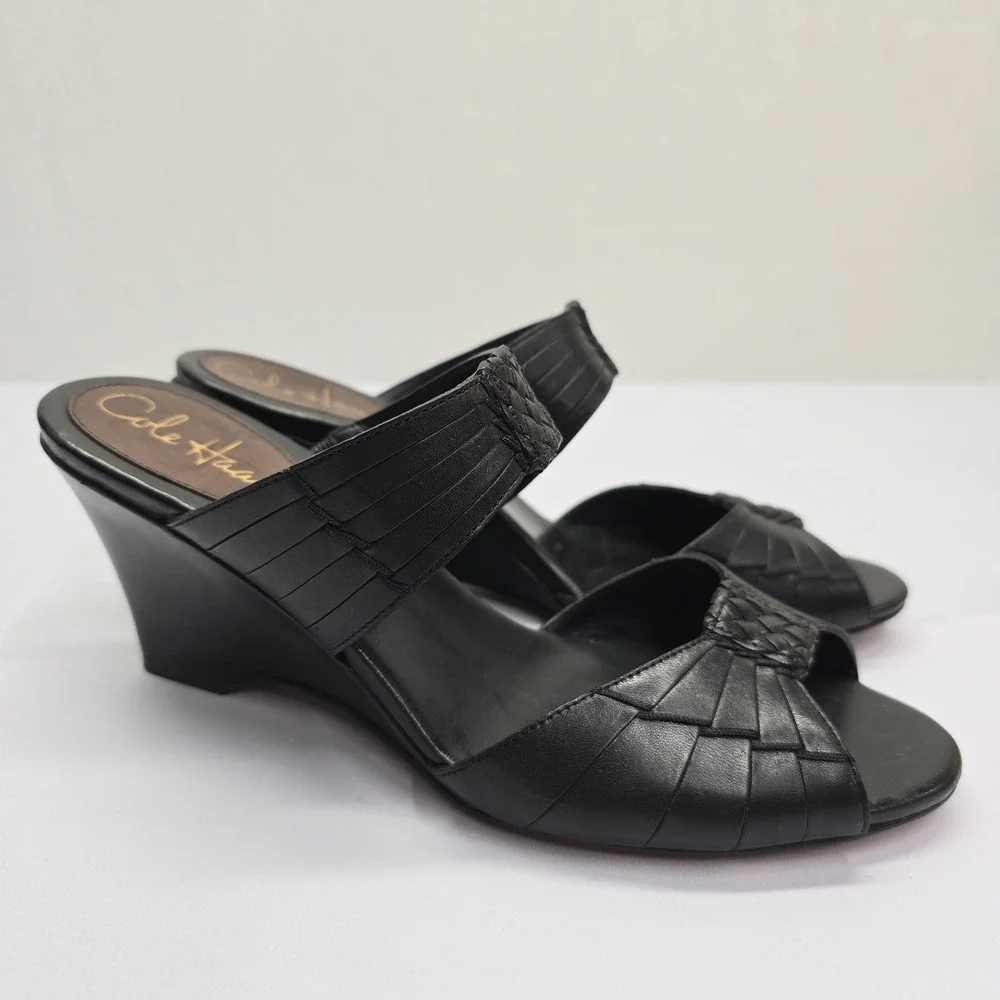 Cole Haan Womens Black Leather Peep Toe Wedge Sandals Shoes D27215 Size 7.5 B